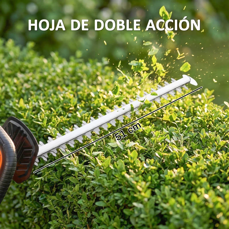 Outsunny Cortasetos Batería 18V con Batería de 2000mAh Hoja de Doble Acción 51 cm Motor sin Escobillas y Cargador Naranja
