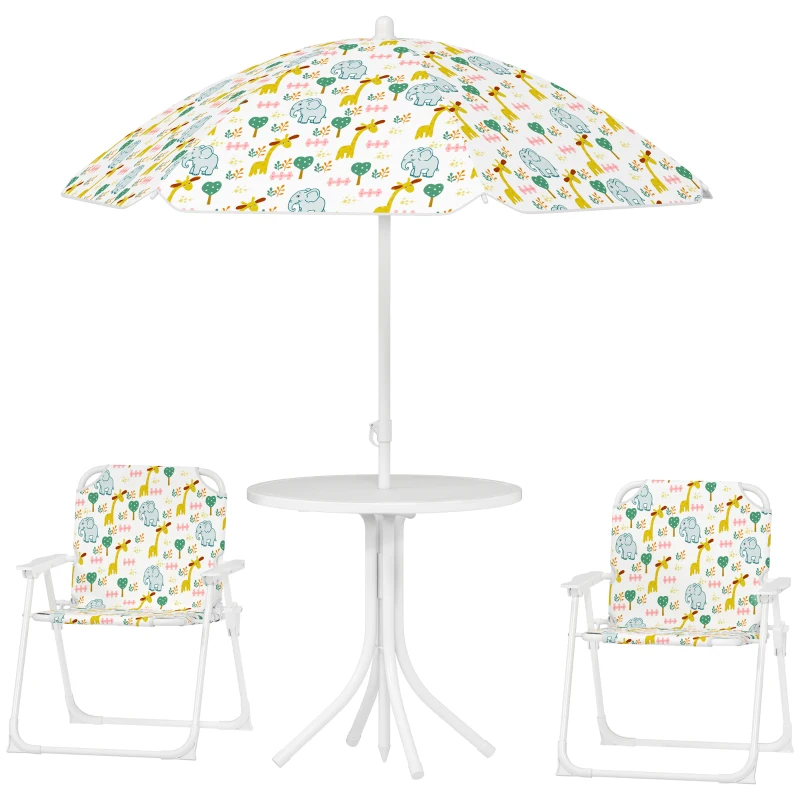 AIYAPLAY Conjunto Infantil de Mesa e Cadeiras de Jardim 4 Peças Cadeiras Dobráveis Chapéu de Sol Ajustável Design de Elefantes Branco