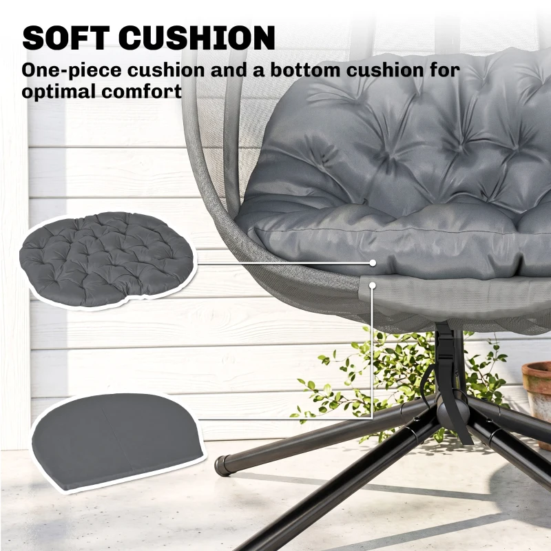 Outsunny Hanging Egg Chair, Folding Texteline Swing Hammock with Side Pocket, Cushion and Stand for Indoor Outdoor, Patio Garden Furniture, Grey