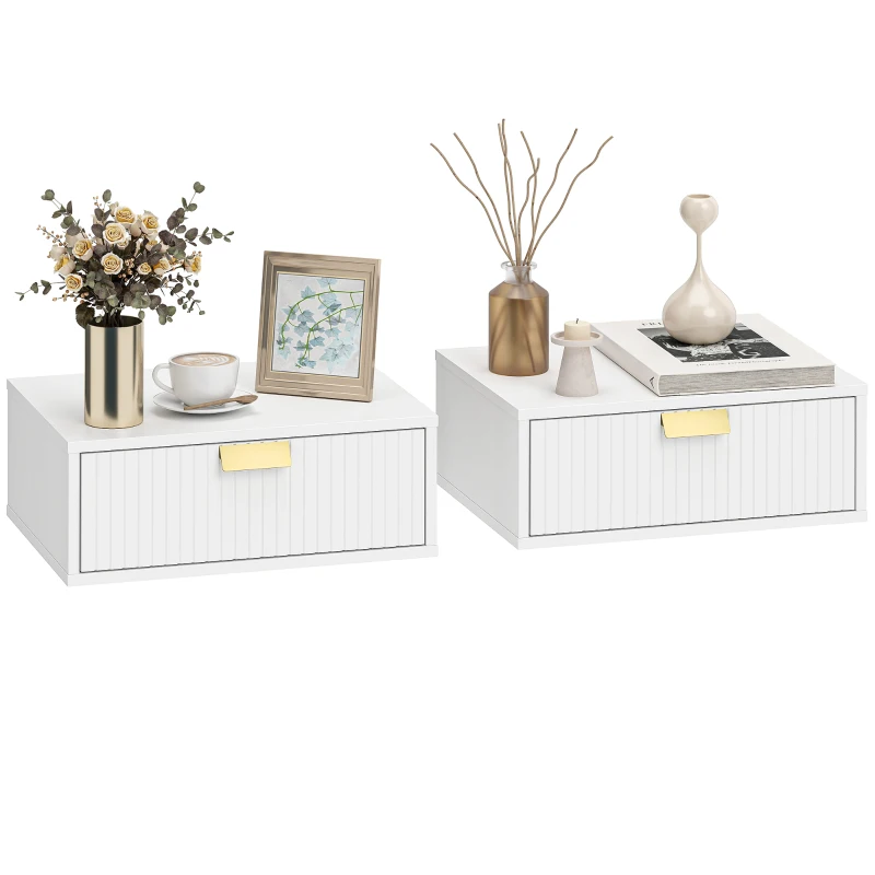 HOMCOM Modern Floating Nightstands Set of 2, Wall Mounted Bedside Tables with Wave Drawer White