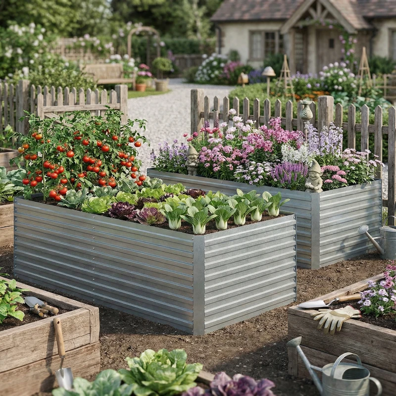 Outsunny Set di 2 Aiuole Rialzate in Metallo Galvanizzato con Bordo Sicuro, Fioriera Elevata per Verdure, Argento