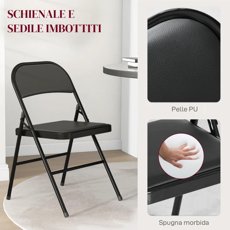 HOMCOM Set 2 Sedie Pieghevoli Imbottite in Finta Pelle PU e Metallo, 45x46x78 cm, Nero
