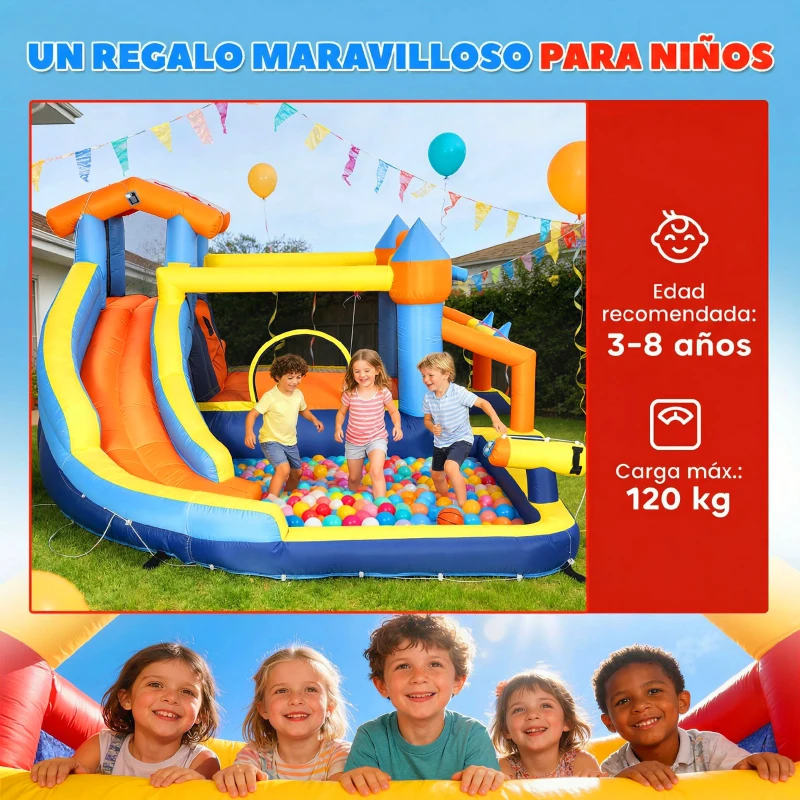 AIYAPLAY Castillo Hinchable Acuático 8 en 1 con Soplador 550W Tobogán Trampolín Escalada Piscina Portería Canasta Lanzamiento
