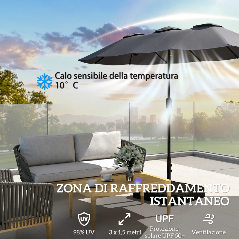 Outsunny Ombrellone Doppio a 12 Stecche con Manovella, Base a Croce e Sacchi, in Metallo e Poliestere, 3x1.5 m, Grigio Scuro
