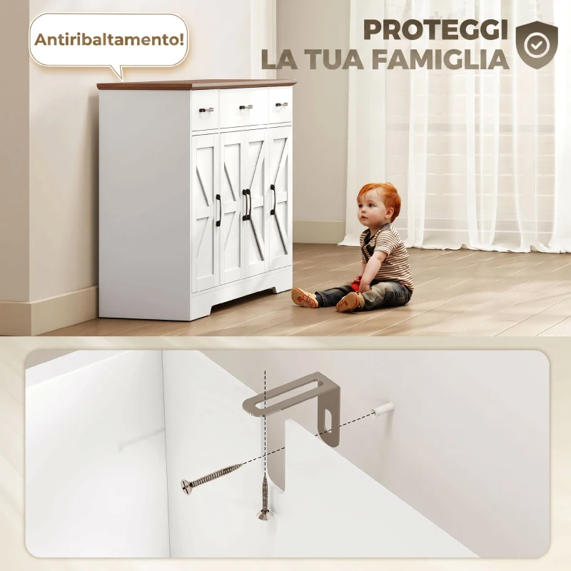 HOMCOM Credenza Cucina Rustico, Mobile Cucina con Ante Soft-Close, 3 Cassetti, 3 Ripiani Regolabili, Portaspezie, Bianco