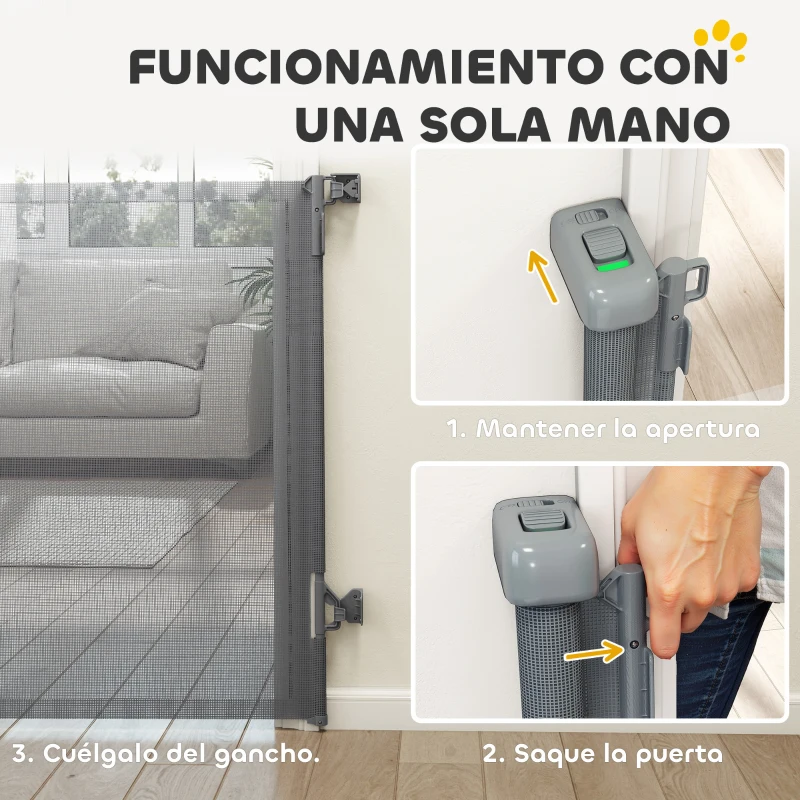 PawHut Barrera de Seguridad para Perros Retráctil Extensible hasta 140 cm de Ancho para Escaleras y Puertas Gris