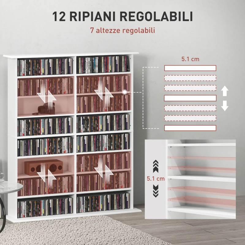HOMCOM Mobile Libreria porta CD a 16 Ripiani dal Design Moderno in Legno, 106.5x24x126.3 cm, Bianco