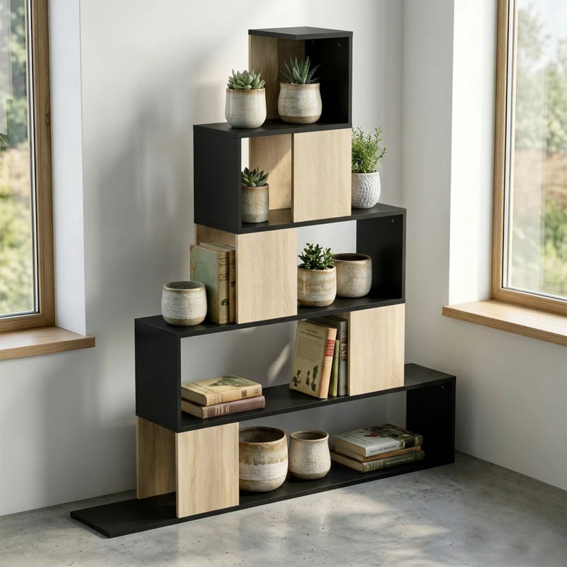 HOMCOM Scaffale Contenitore, Libreria Geometrica a 5 Livelli, per Ufficio, Soggiorno, Camera, Nero e Legno Naturale