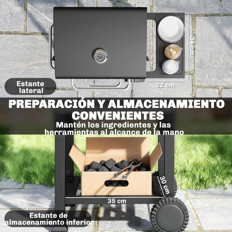 Outsunny Barbacoa de Carbón Portátil con Parrilla de Acero Inoxidable Estante Lateral Termómetro Bandeja y Ruedas Negro