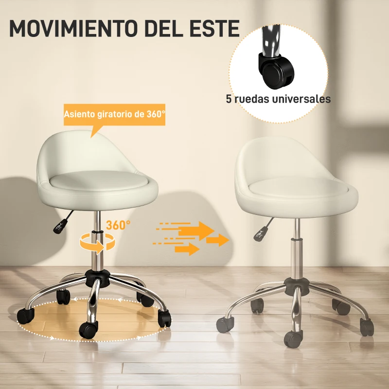 HOMCOM Taburete con Ruedas Taburete Giratoria con Altura Ajustable Taburete Cosmética Dentista Peluqueria Ø50x63-83 cm Blanco