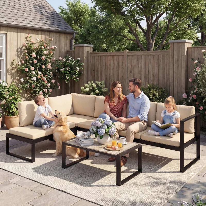 Outsunny Conjunto de Jardín Exterior de 4 Piezas con 2 Sofás de 2 Plazas 1 Sillón sin Brazos y Mesa de Centro con Cojines Caqui
