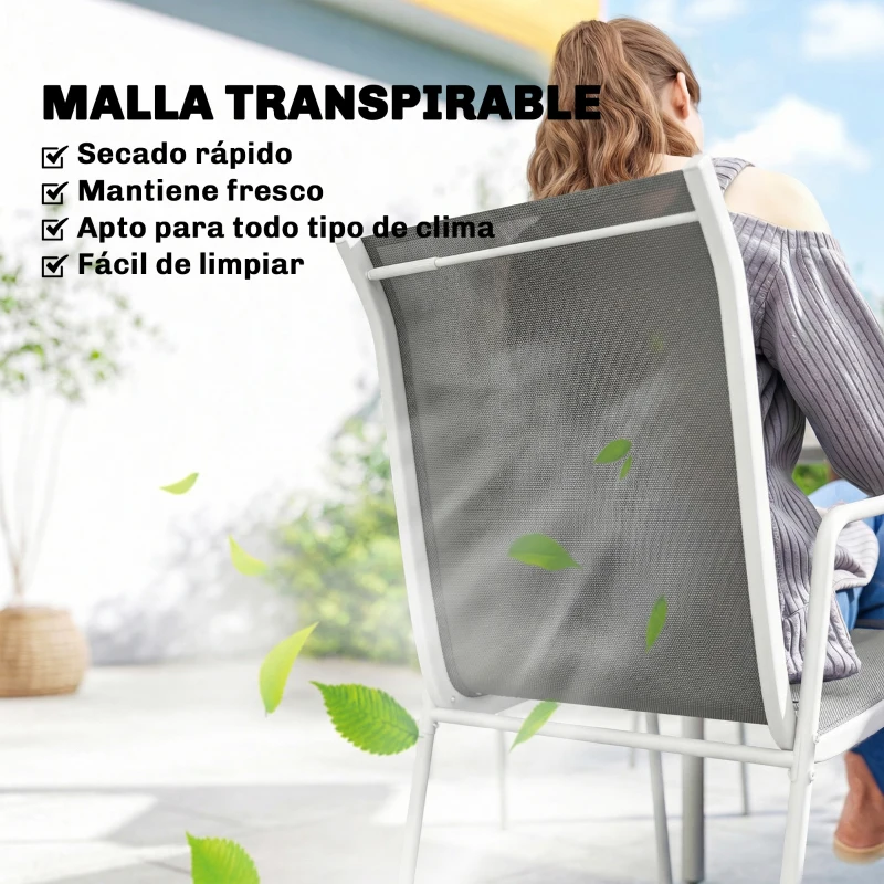 Outsunny Conjunto de Mesa y Sillas Jardín con Mesa de Vidrio Templado 6 Sillas Apilables Transpirables para Terraza Gris