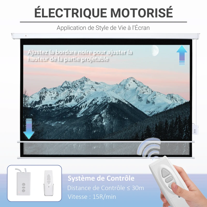 HOMCOM Écran vidéoprojecteur 100 Pouces, 16:9 4K HD écran de projection motorisé et électrique, écran de projection tv et home cinéma, montage mural ou plafond, panneau de commande et télécommande