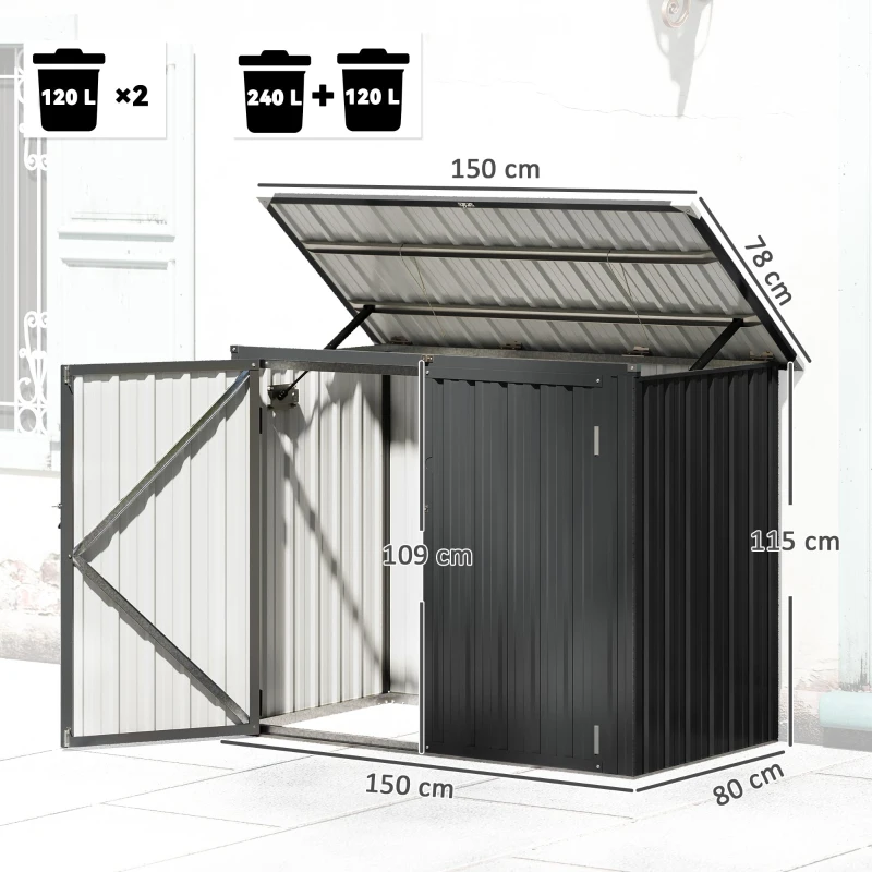 Outsunny Cobertizo para Contenedor de Basura Doble de Acero Galvanizado de 240L con Tapa Abatible y Puertas con Cerradura Gris