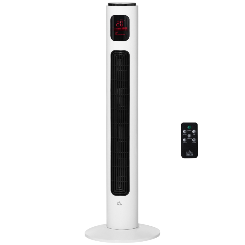 HOMCOM Ventilador de Torre Silencioso 45W con Control Remoto 3 Velocidades 3 Modos Temporizador 10H Oscilación 70° Blanco