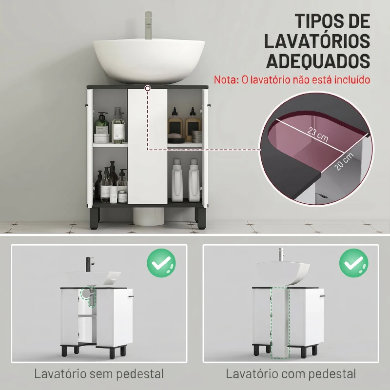 HOMCOM Móvel de Lavatório com 2 Portas e Prateleira Ajustável para Lavatório com ou sem Pedestal 60x34x70 cm Branco Brilhante