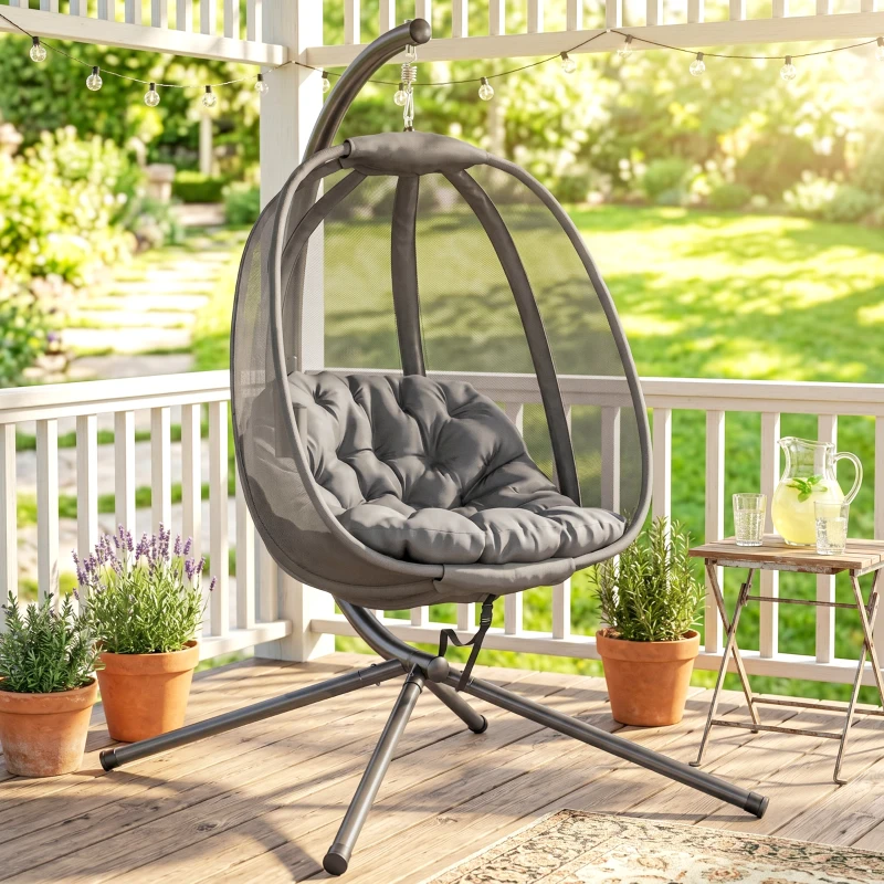Outsunny Hanging Egg Chair, Folding Texteline Swing Hammock with Side Pocket, Cushion and Stand for Indoor Outdoor, Patio Garden Furniture, Grey