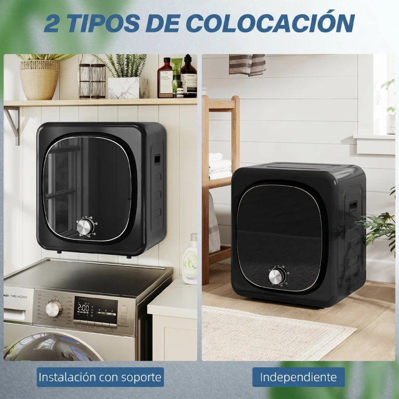 HOMCOM Secadora de Evacuación 4 kg 800W Función Antiarrugas Función Esterilizar 5 Programas Carga Frontal 48x40x56 cm Negro