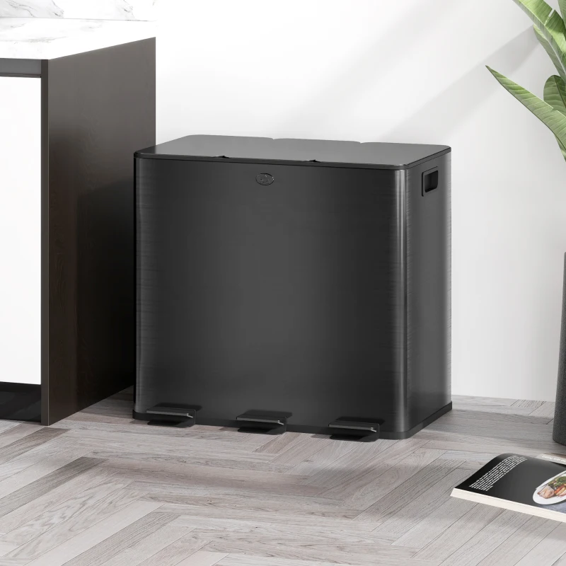 HOMCOM Papelera Cocina de Acero Inoxidable con 3 Compartimentos 3x15L con Pedales Tapas de Cierre Suave y Cubo Extraíble Negro