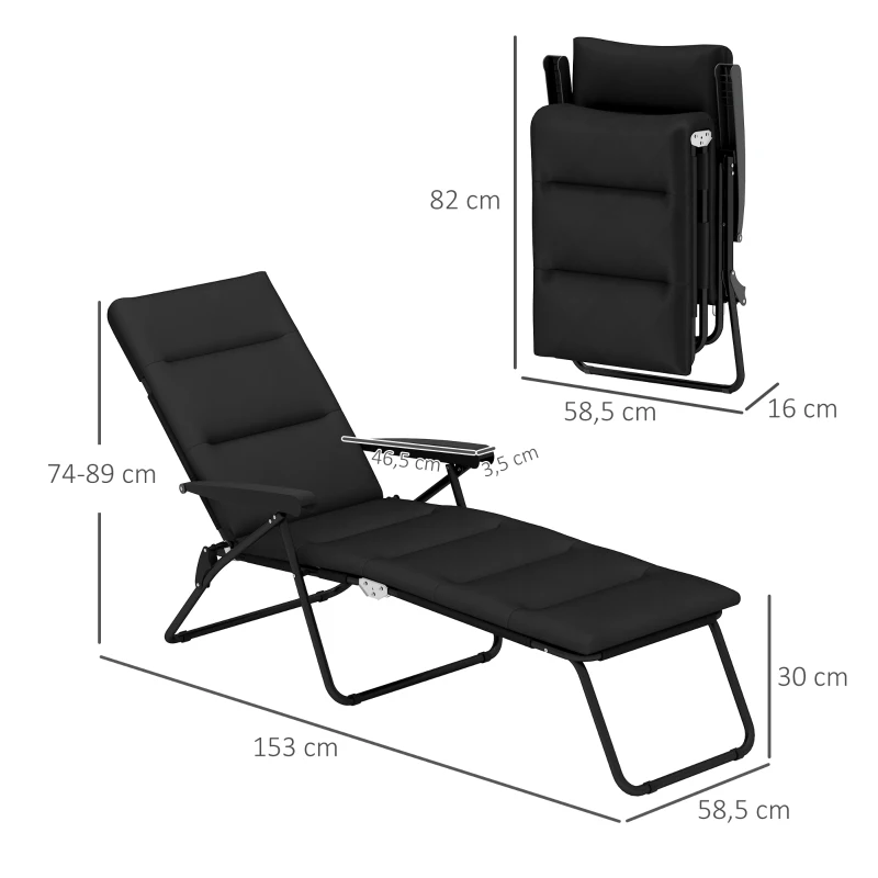 Outsunny Bain de soleil pliable transat inclinable 6 positions avec matelas + accoudoirs acier polyester 153 x 58,5 x 89 cm noir