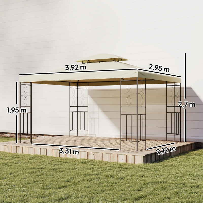Outsunny Pérgola de Jardim 4x3 m com Telhado Duplo Estrutura de Aço Anti-UV para Exterior Terraço Pátio Branco Creme