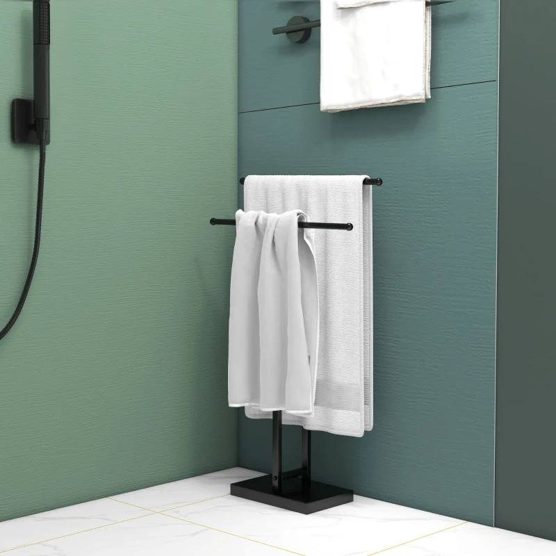 HOMCOM Toallero de Pie de Metal Toallero Escalera de Baño con 2 Barras en Forma de T Estilo Moderno 50x18,5x85 cm Negro
