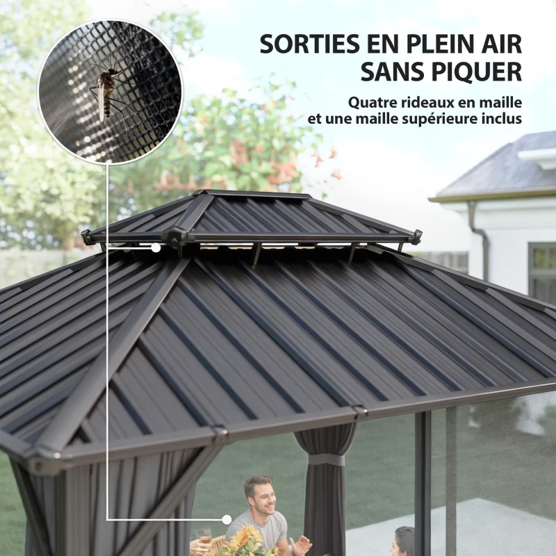 Outsunny Gazebo 3 x 3,6 m à Toit Rigide avec Toit Double en Acier Galvanisé, Structure en Aluminium, Gris Foncé