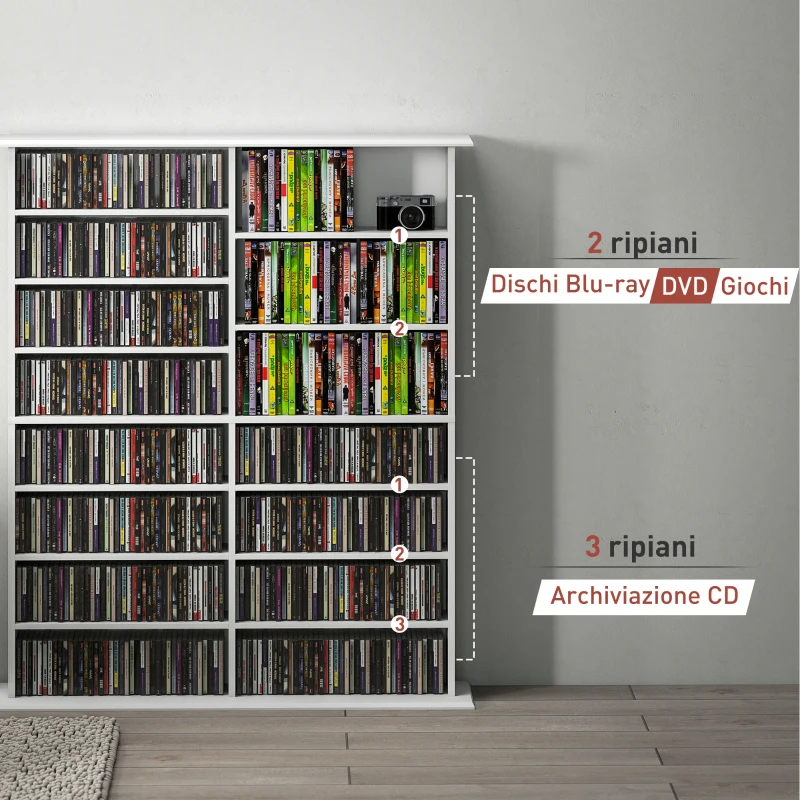 HOMCOM Mobile Libreria porta CD a 16 Ripiani dal Design Moderno in Legno, 106.5x24x126.3 cm, Bianco