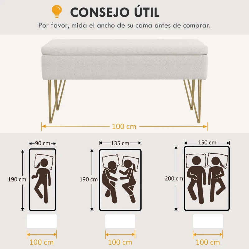 HOMCOM Banco Pie de Cama Tapizado en Lino Sintético con Patas de Acero y Asiento Acolchado Crema