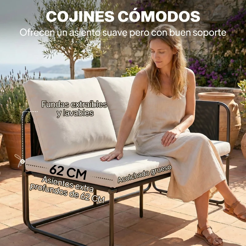 Outsunny Conjunto Jardín Exterior de 4 Piezas con 2 Sofás 2 Plazas 2 Mesas de Vidrio Cojines Fundas Extraíbles y Bolsillos Caqui