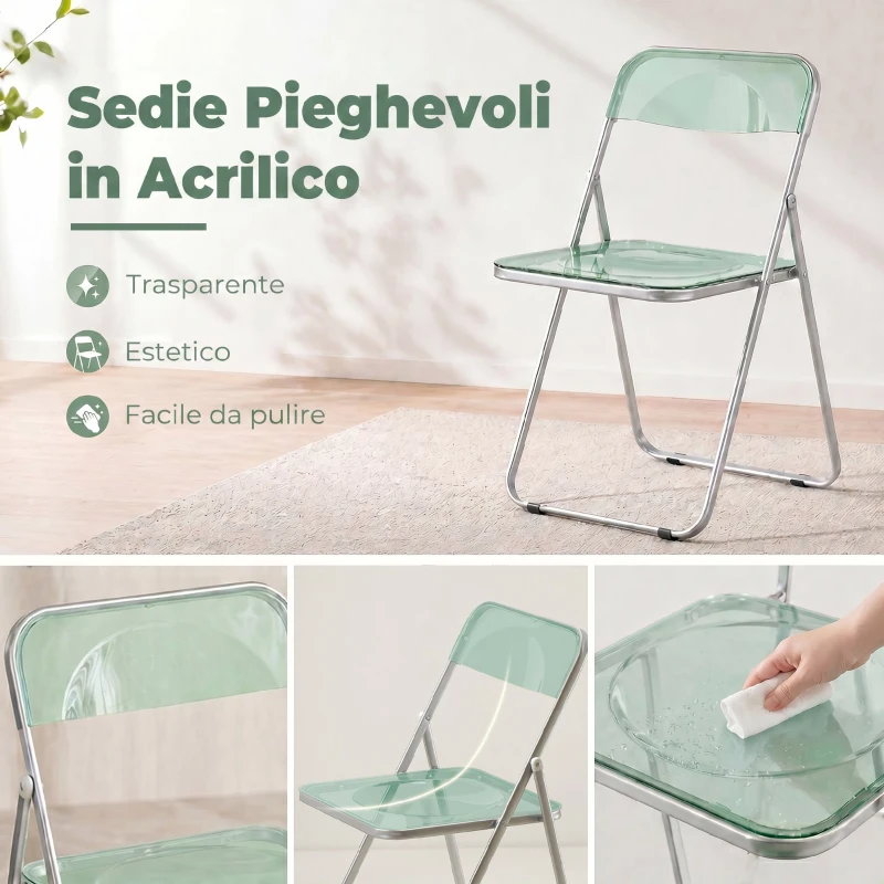 HOMCOM Set da 4 Sedie Pieghevoli in Acrilico Trasparenti, Verde