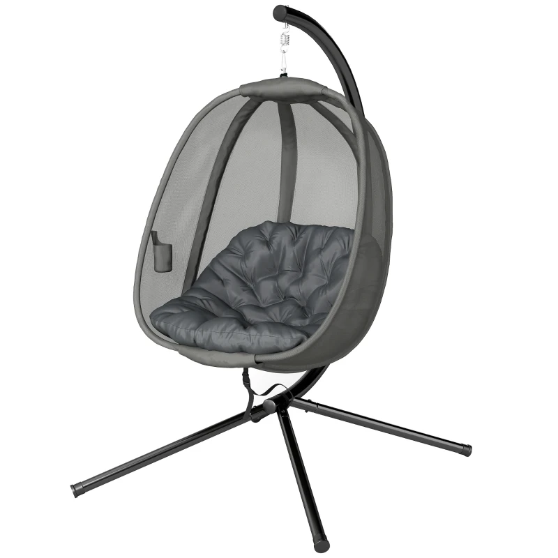 Outsunny Hanging Egg Chair, Folding Texteline Swing Hammock with Side Pocket, Cushion and Stand for Indoor Outdoor, Patio Garden Furniture, Grey