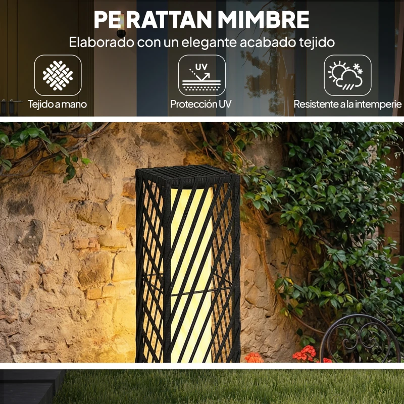 Outsunny Linterna de Jardín de Ratán Farola Solar Exterior con Luces LED Encendido y Apagado Automático Impermeable IP44 Negro