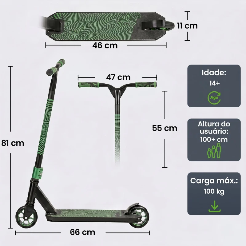 SPORTNOW Trotinete Acrobática com Guiador 360° Rolamentos ABEC-9 Rodas de PU de 120 mm Estrutura de Alumínio 66x47x81 cm Verde