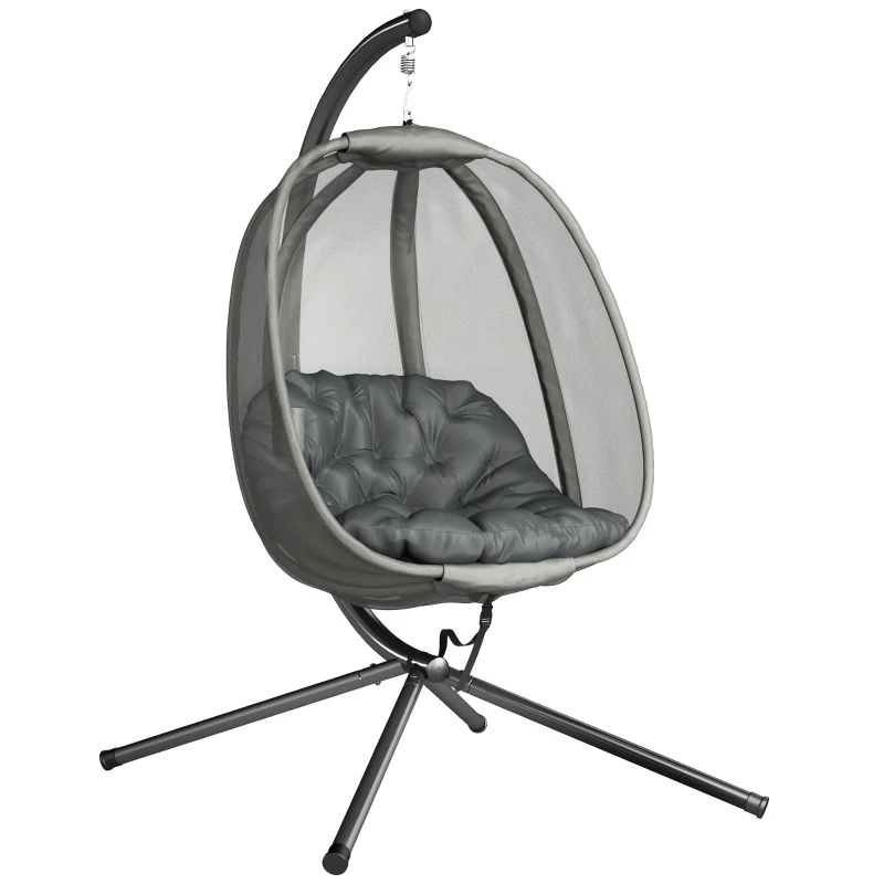 Outsunny Hanging Egg Chair, Folding Texteline Swing Hammock with Side Pocket, Cushion and Stand for Indoor Outdoor, Patio Garden Furniture, Grey