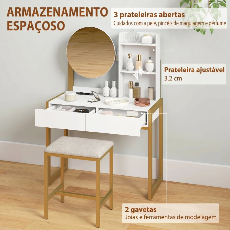 HOMCOM Toucador de Maquilhagem com Espelho e Banco Acolchoado Estação de Carregamento 2 Gavetas 3 Prateleiras para Quarto Branco