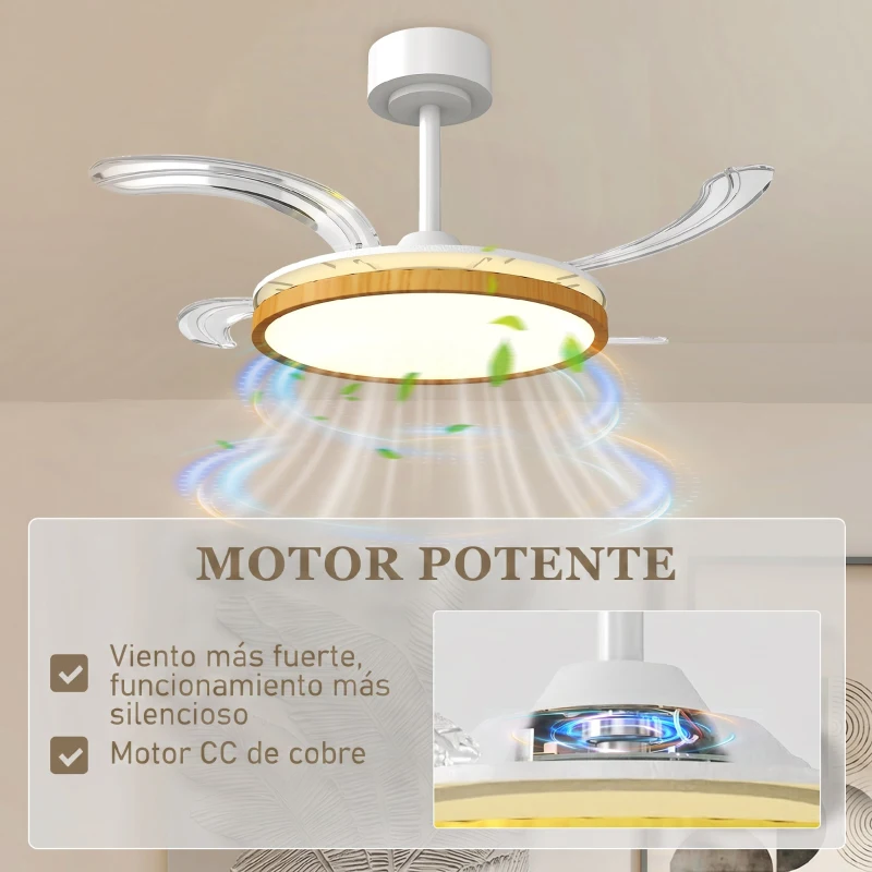 HOMCOM Ventilador de Techo con Luz LED 80 W Motor DC Reversible Mando a Distancia 6 Velocidades Temporizador Ø95 cm Natural