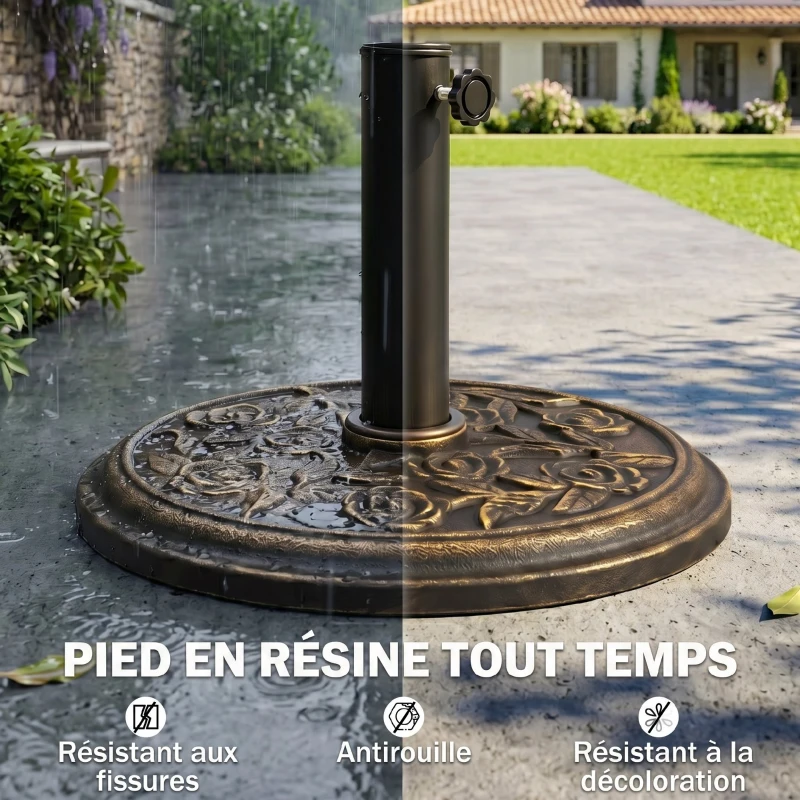 Outsunny Pied de parasol rond 9 kg support parasol résine motif roses pour terrasse piscine Ø 45,5 x 31 cm bronze