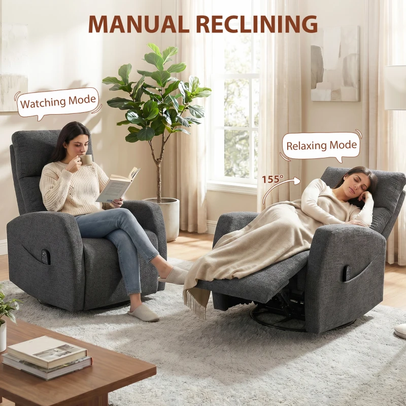 HOMCOM Relaxfauteuil draaibare tv-fauteuil met warmte en vibratiemassage, ligfunctie, schommelfunctie Donkergrijs
