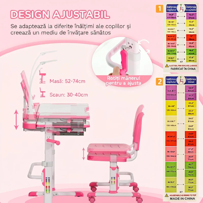 HOMCOM Birou pentru Copii cu Scaun Reglabil, Masă cu Sertar, Lampă și Suprafață Înclinabilă, 80x49,5x82-104 cm, Roz