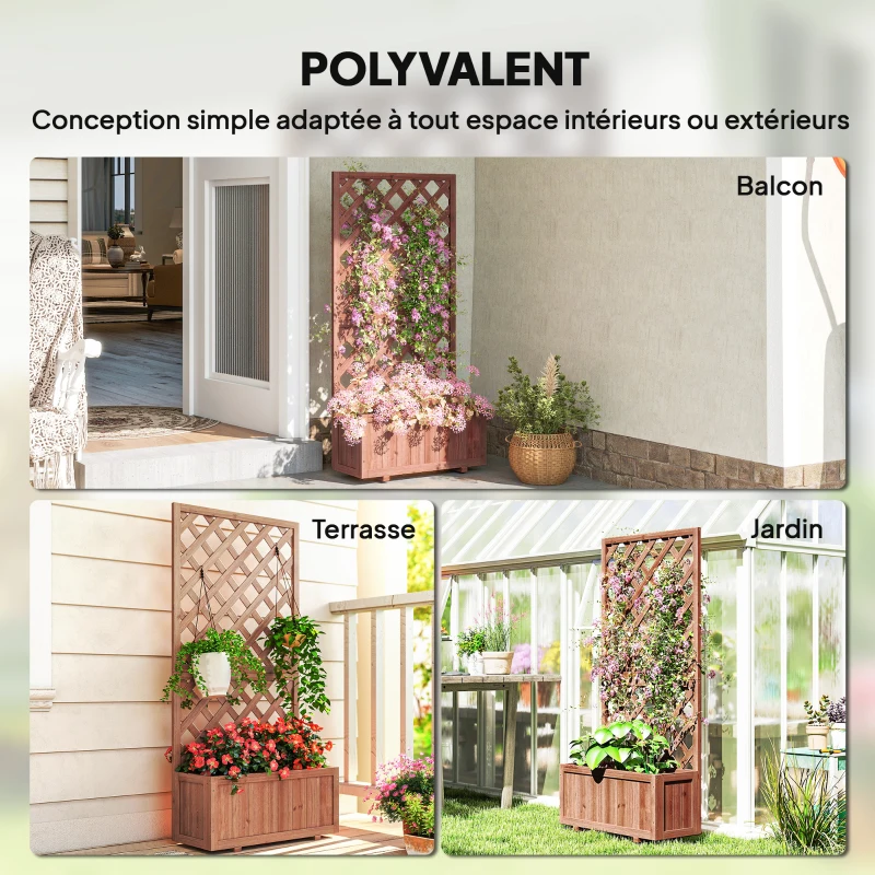 Outsunny Jardinière avec Treillis - bac à Fleurs - jardinière sur Pied - dim. 72,5L x 31,5l x 149,5H cm Inserts d'irrigation Inclus Bois Sapin pré-huilé