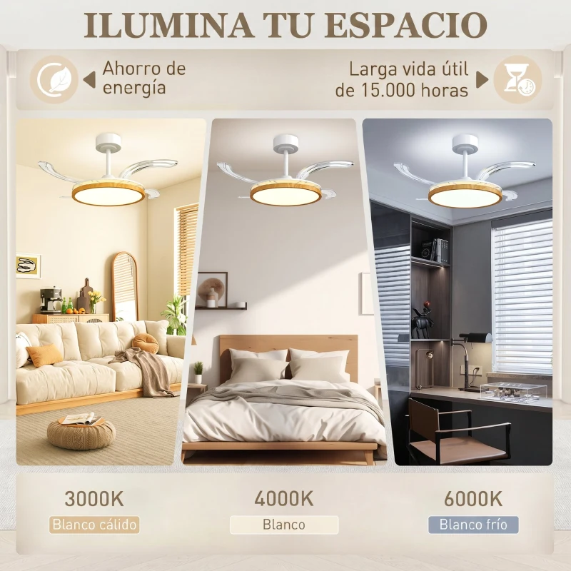 HOMCOM Ventilador de Techo con Luz LED 80 W Motor DC Reversible Mando a Distancia 6 Velocidades Temporizador Ø95 cm Natural