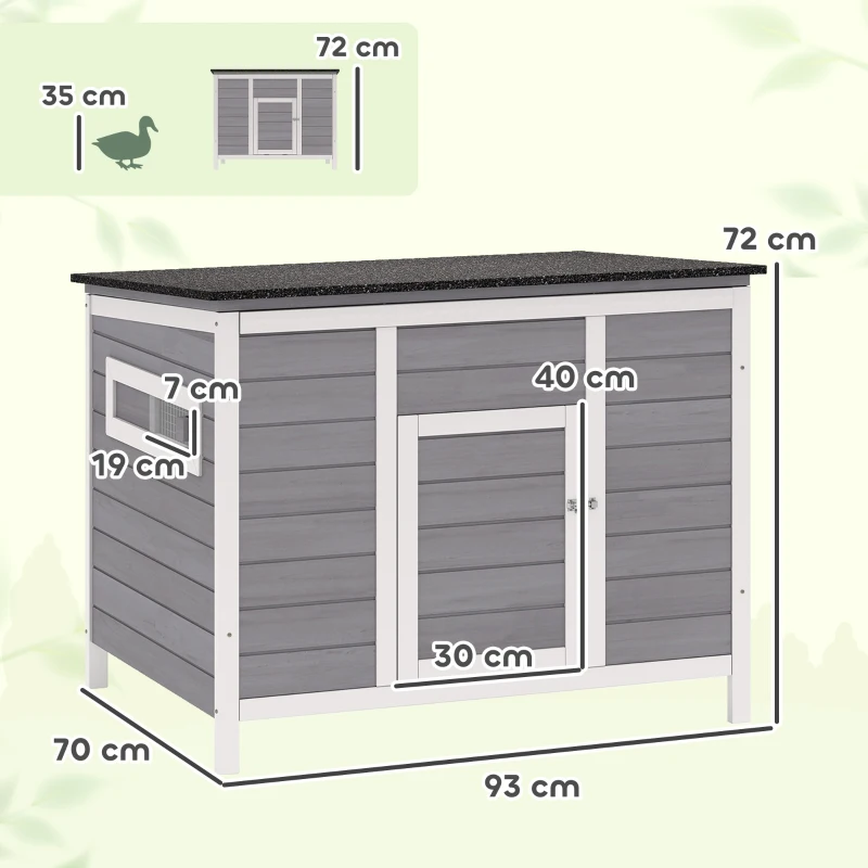 PawHut Entenstall wetterfest Entenhaus aus Holz mit herausnehmbar Boden Schiebefenster aufklappbar Asphaltdach 93x70x72cm Grau