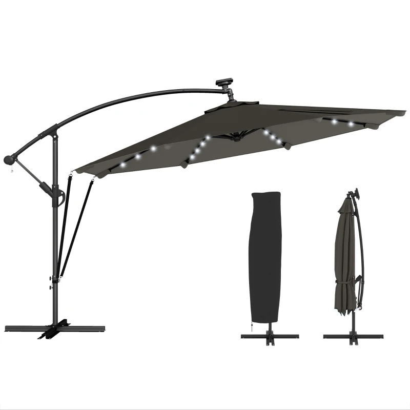 Outsunny Parasol Excéntrico con Luces LED Solares Ø345 cm Sombrilla Jardín de Aluminio con Base Cruzada Manivela Funda Gris
