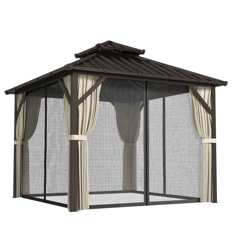 Outsunny 3x3 m Hardtop Gazebo Canopy with UPF50+ Double Galvanised Steel Roof, Aluminium Garden Gazebo Permanent Pavilion, Brown