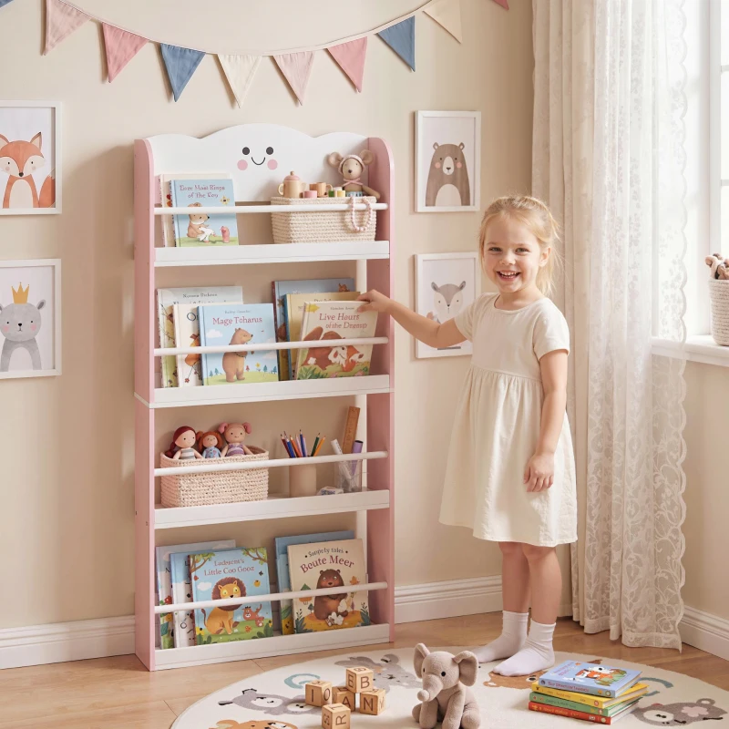 AIYAPLAY Bibliothèque murale pour enfant, rangement livre enfant 4 niveaux en thème barbe à papa, 60x12x108cm, rose