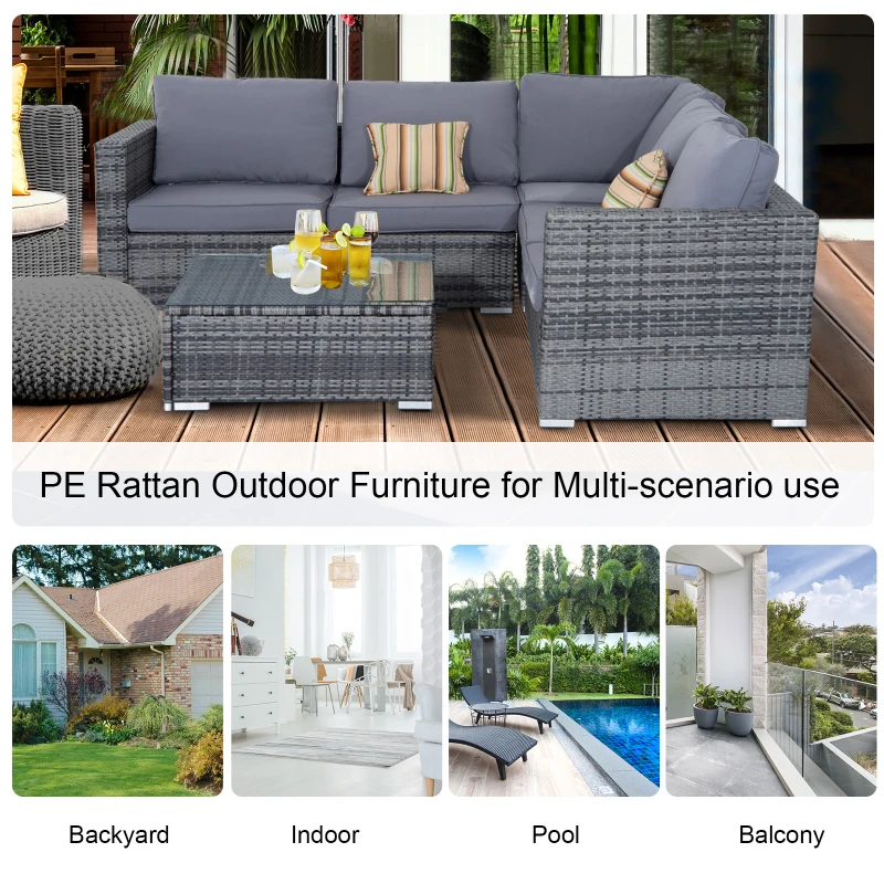 Outsunny 4 Pieces Rattan Garden Furniture Set, Wicker Outdoor Furniture Set with Corner Sofa Loveseat Coffee Table Cushions, Conservatory Furniture Set for Patio Balcony Poolside, Grey