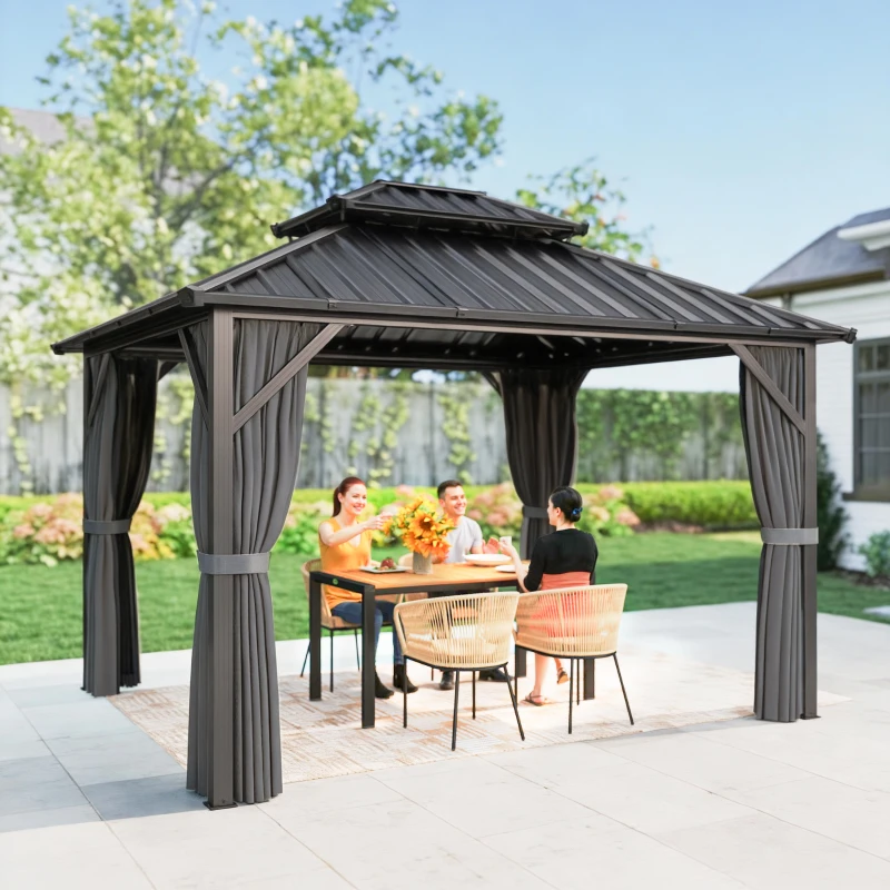 Outsunny Gazebo 3 x 3,6 m à Toit Rigide avec Toit Double en Acier Galvanisé, Structure en Aluminium, Gris Foncé