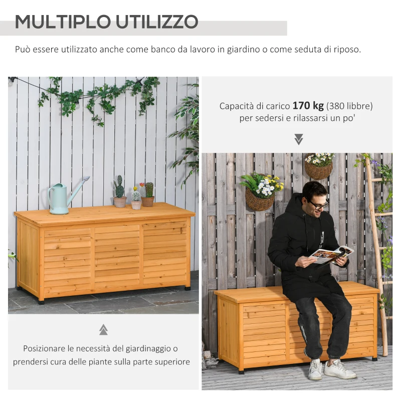 Outsunny Baule da Esterno in Legno di Abete Impermeabile con Base Rialzata, 127x56x60 cm, Giallo Scuro