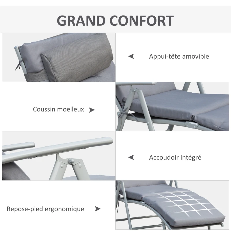 Outsunny Bain de Soleil Pliable transat inclinable 7 Positions Chaise Longue avec dossier, coussin et appui-tête + accoudoirs métal époxy textilène Polyester, Charge 165 kg, pour jardin, piscine, Gris